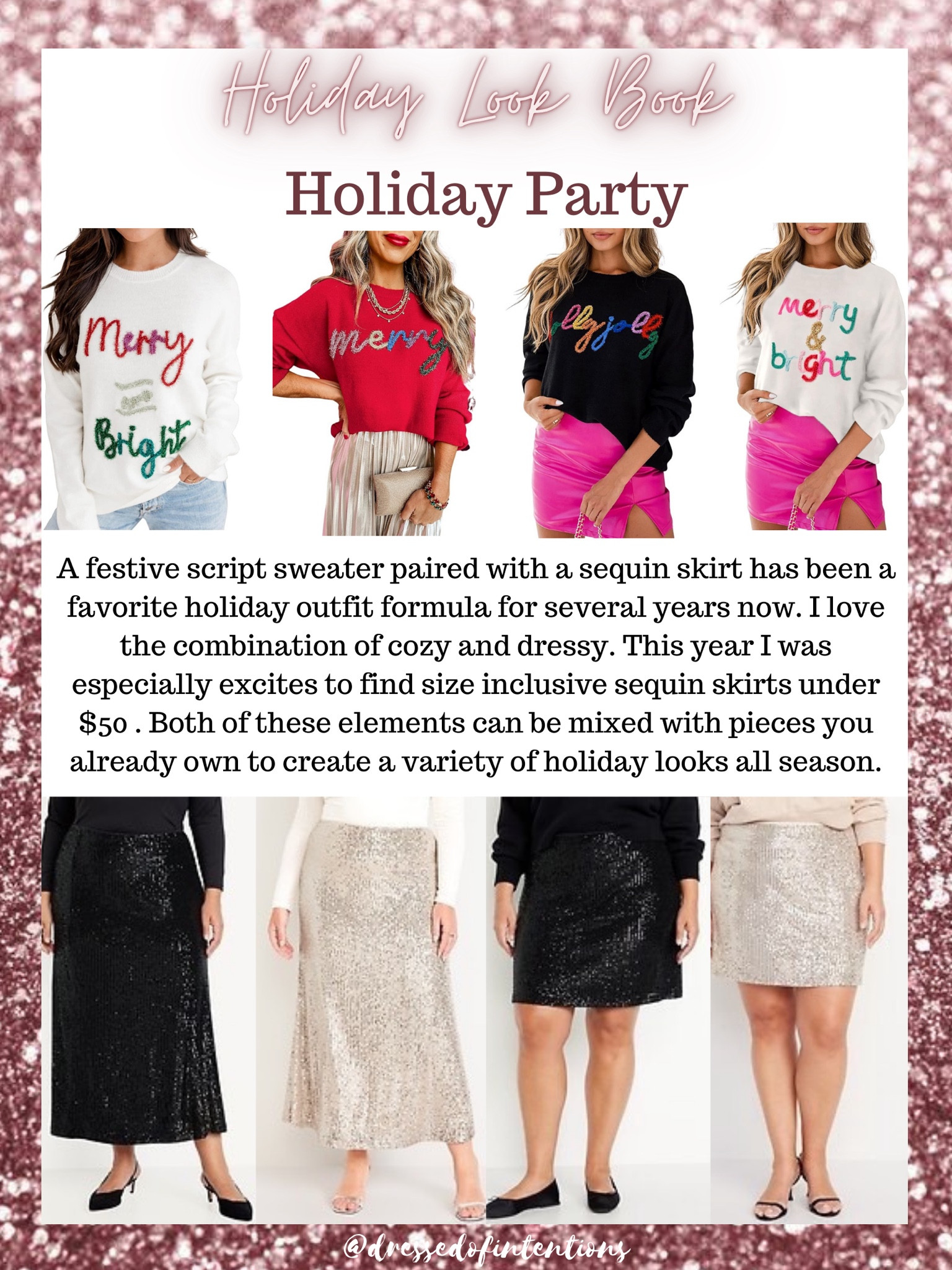 estive script sweater paired with a sequin skirt has been a favorite holiday outfit formula for several years now. I love the combination of cozy and dressy. This year I was especially excites to find size inclusive sequin skirts under $50 . Both of these elements can be mixed with pieces you already own to create a variety of dressy and casual looks all season 

#LTKPlusSize #LTKParties #LTKHoliday