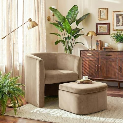 COLAMY Upholstered Velvet Barrel Accent Chair with Storage Ottoman, Morden Living Room Chair with Lounge Seat for Bedroom/Reading Spaces, Khaki | Amazon (US)