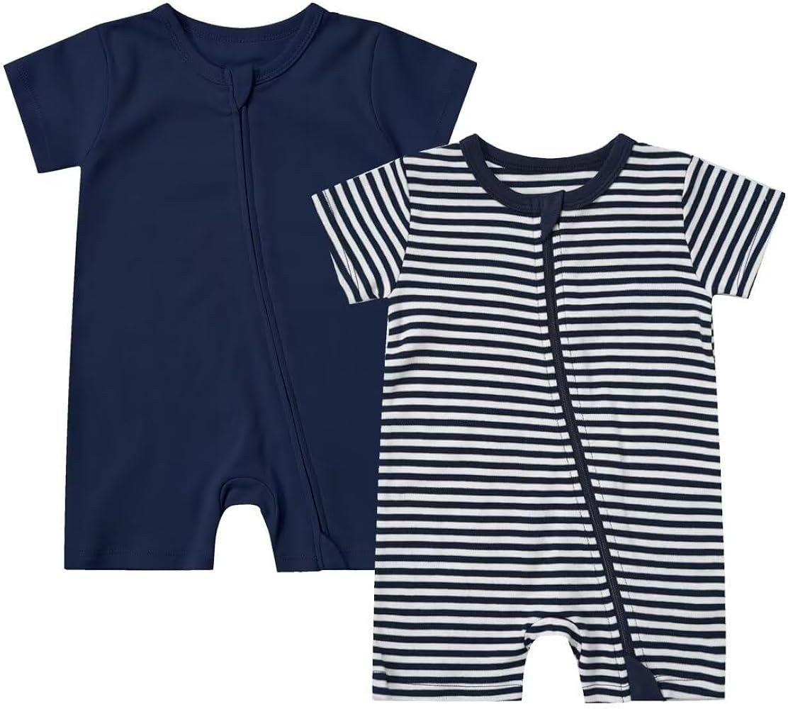 Teach Leanbh Unisex Baby 2 Pack Pajamas Cotton Short Sleeve 2 Way Zipper Stripe Soild Romper Jump... | Amazon (US)