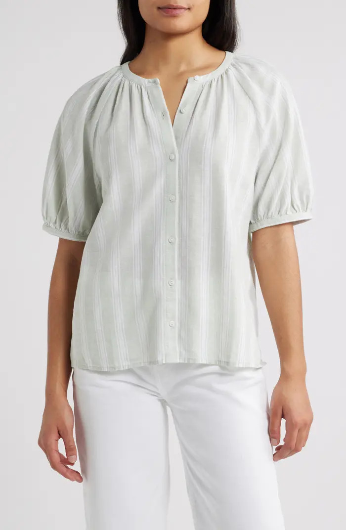 Stripe Linen Blend Puff Sleeve Top | Nordstrom