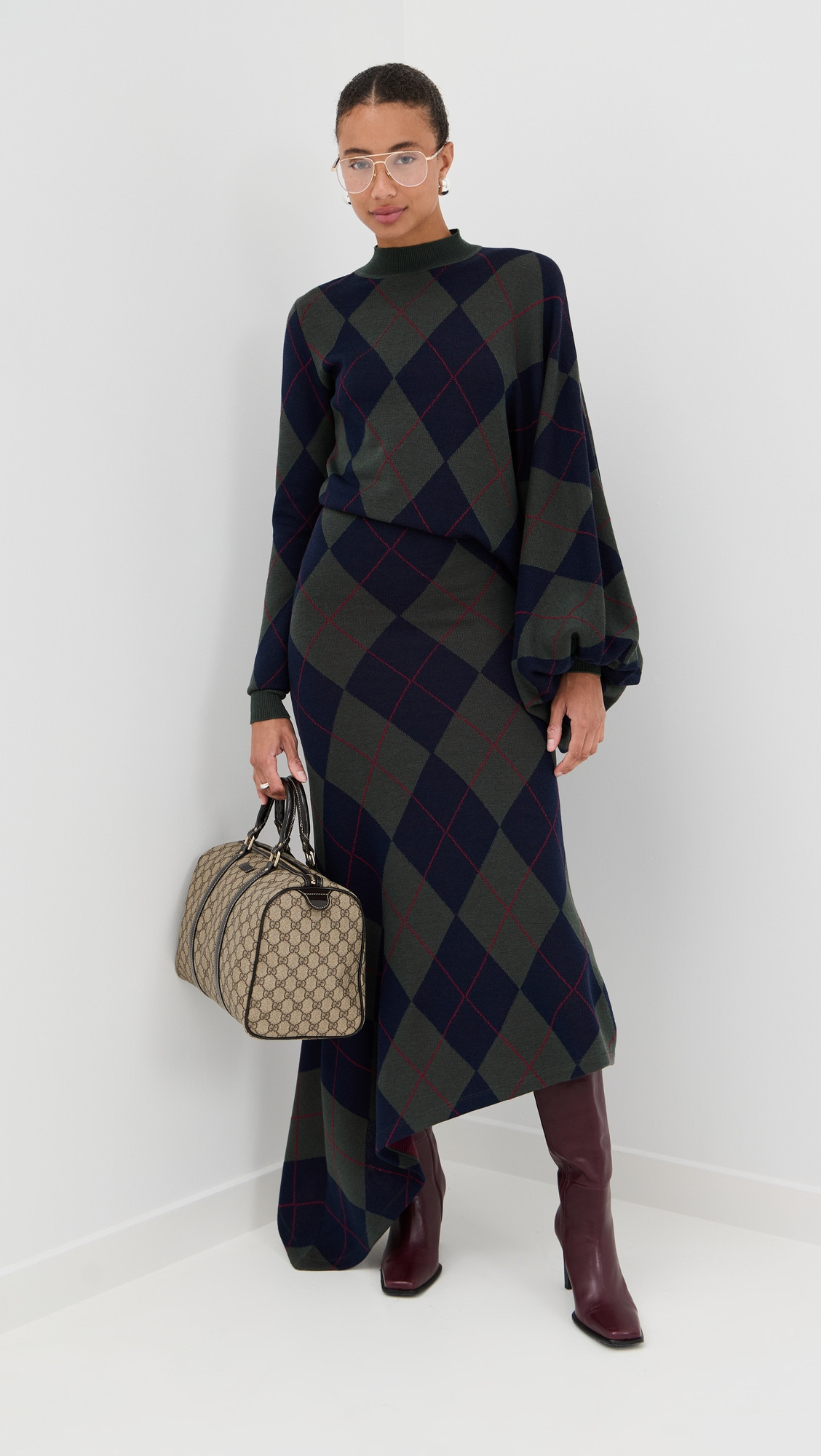 A. W.A. K.E. MODE Argyle Knitted Dress NAVY / GREEN M | Shopbop
