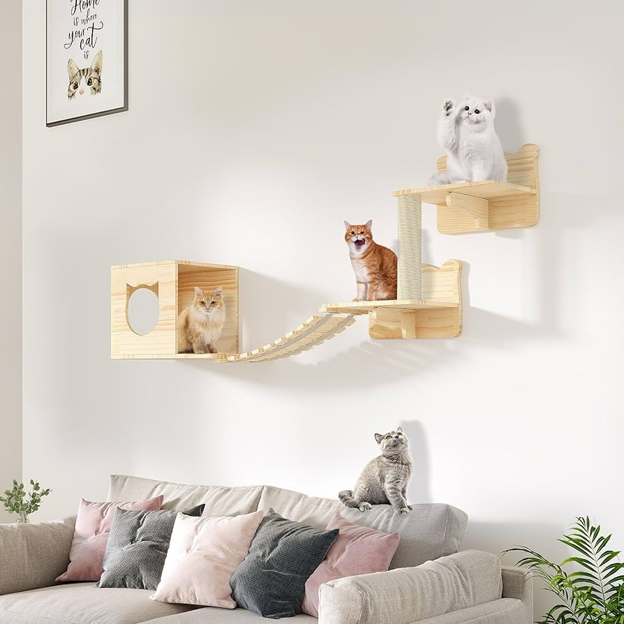 Cat Wall Shelves, Wood Cat Wall Furniture(5 Piece Set), Solid Wooden Feline Shelf, with House, St... | Amazon (US)