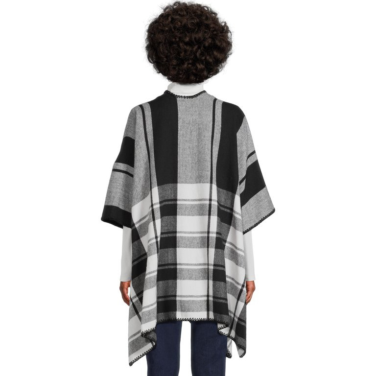 Time and Tru Women's Buffalo Plaid Ruana Wrap with Whipstitching | Walmart (US)