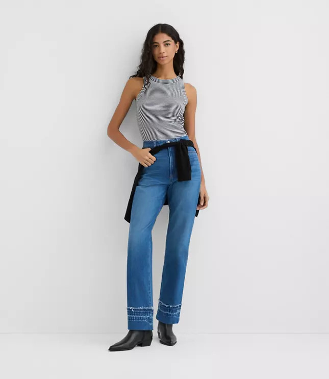 Rivete Unpicked Cuffed High Rise Straight Jeans in Authentic Indigo | LOFT