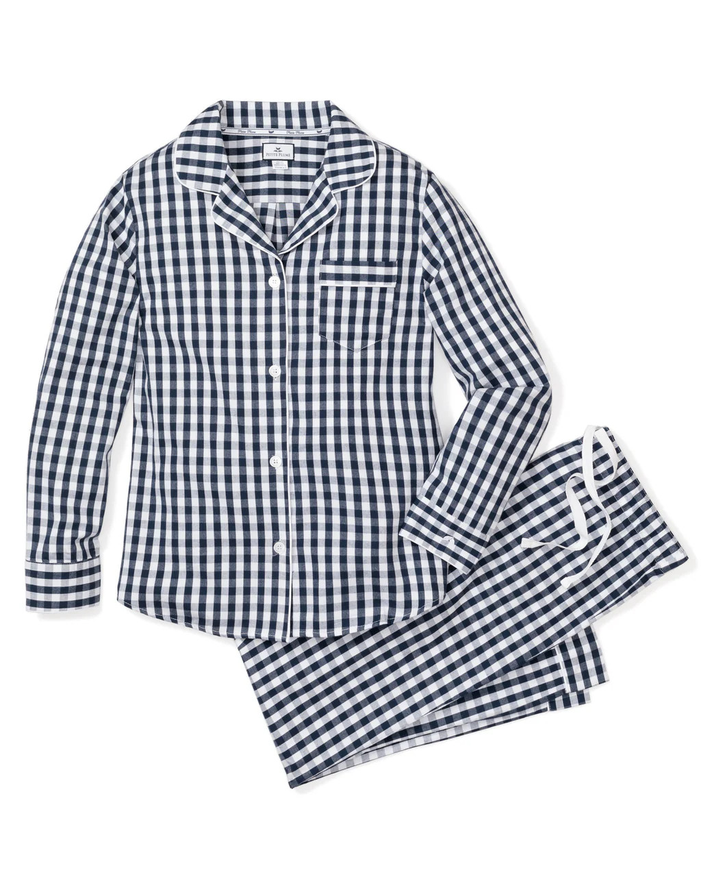 Women's Twill Pajama Set in Navy Gingham | Petite Plume