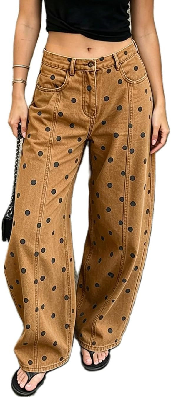 XBTCLXEBCO Polka Dot Jeans Women Y2K Print High Waisted Wide Leg Denim Pants Vintage Stretchy Boy... | Amazon (US)