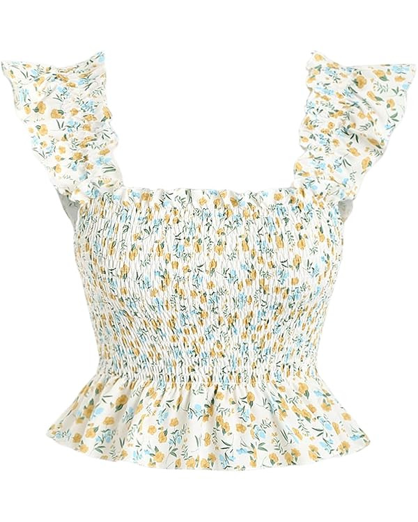 Verdusa Women's Square Neck Floral Print Sleeveless Smocked Top Peplum Blouse | Amazon (US)