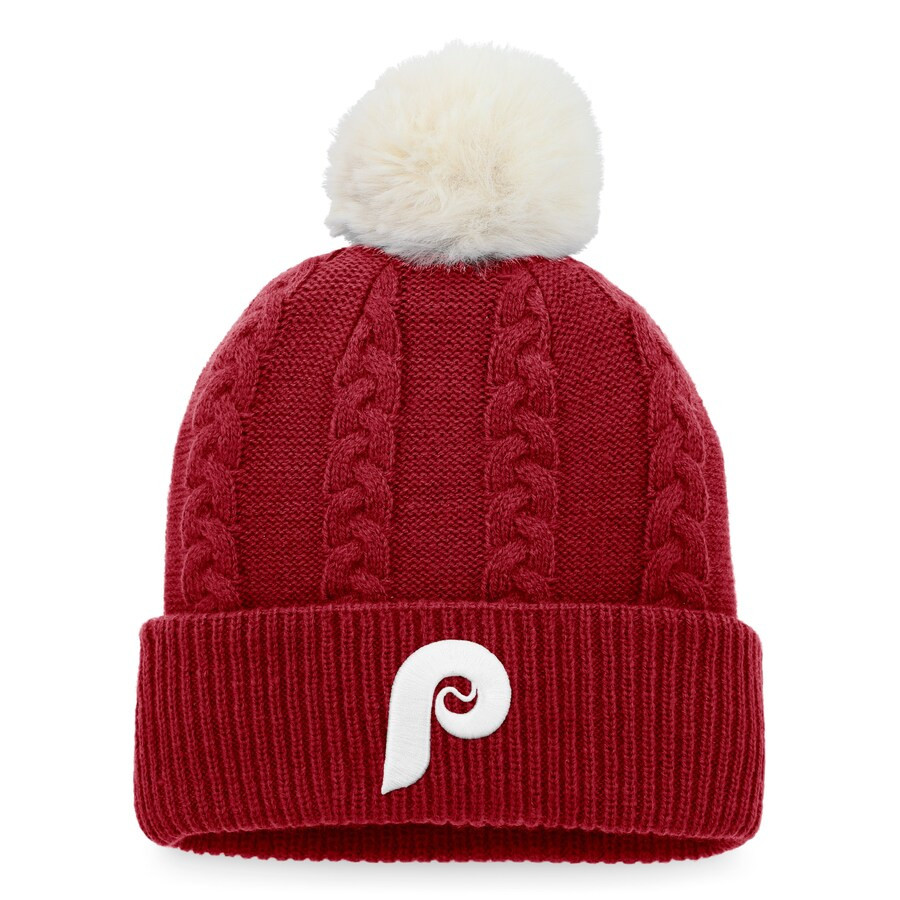 Women's Philadelphia Phillies Fanatics Branded Burgundy Cable Cuffed Knit Hat with Pom | MLB Shop