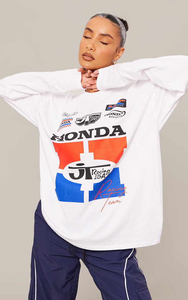 White Honda Printed Long Sleeve T Shirt | PrettyLittleThing UK