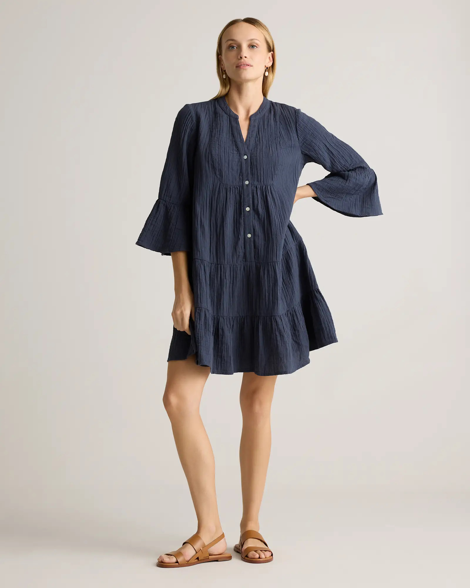 100% Organic Cotton Gauze Long Sleeve Tiered Mini Dress | Quince