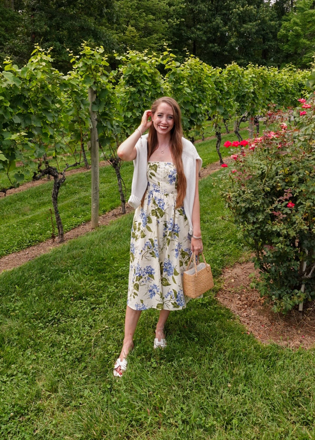 Hydrangea print dress - true to size! 
White sandals
Raffia bag 
White sweater 
Late summer outfit

#LTKSeasonal