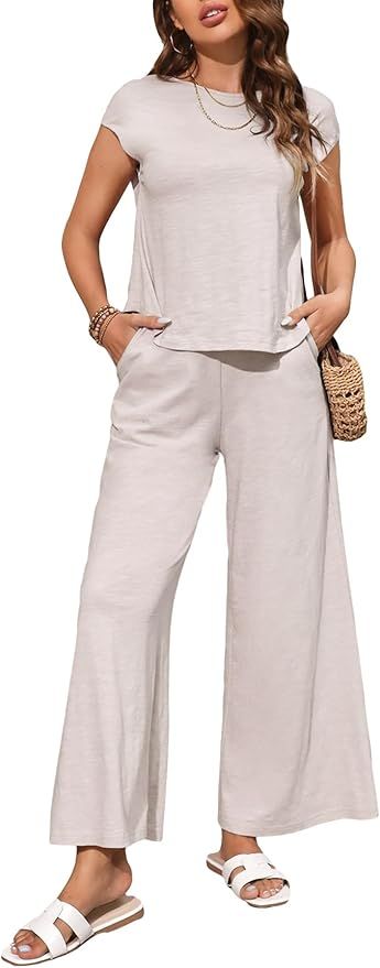MakeMeChic Women's Casual 2 Piece Outfits Cap Short Sleeve Tee Shirt Top and Pocket Wide Leg Pant... | Amazon (US)