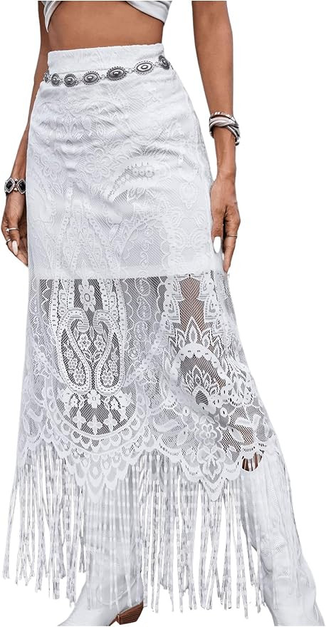 SweatyRocks Women's High Waisted Floral Lace Sheer Mesh Mermaid Maxi Skirt | Amazon (US)