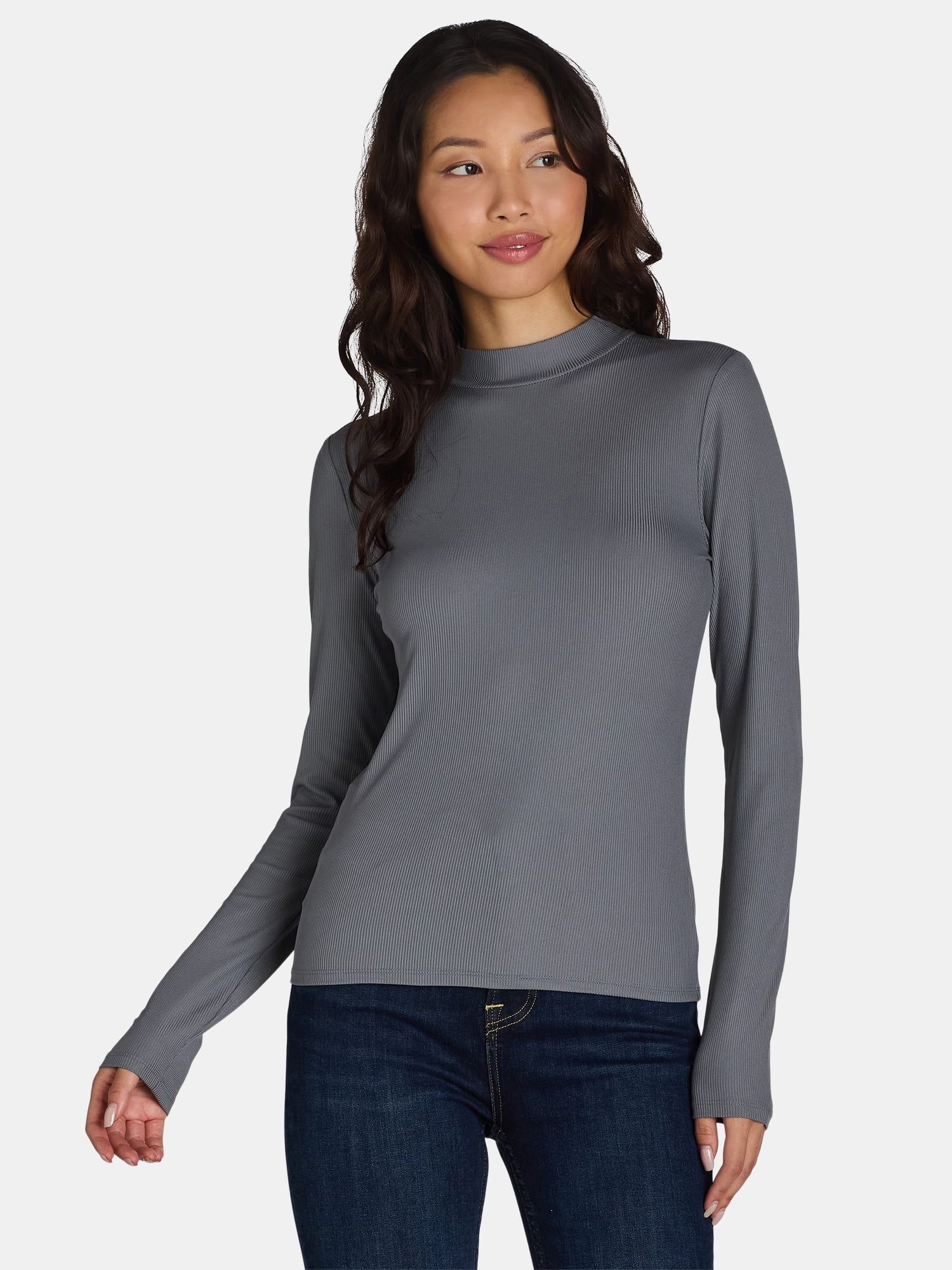 No Boundaries Ribbed Mock Neck Top with Long Sleeves, Women’s and Women’s Plus | Walmart (US)