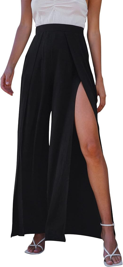 Verdusa Women's Split Thigh High Waist Loose Wide Leg Pants Palazzo | Amazon (US)