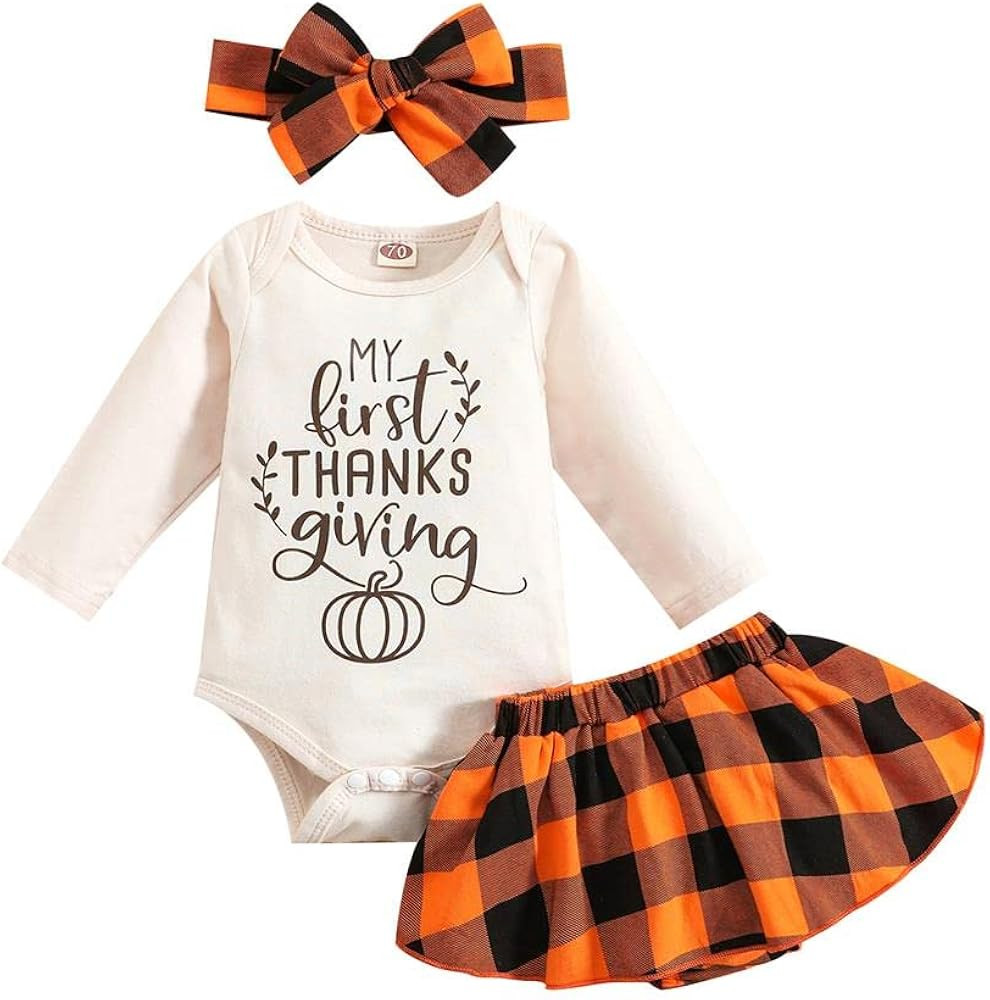 GLIGLITTR Newborn Infant Baby Girls Thanksgiving Romper Cute Pumpkin Bodysuit Plaid Skirt Set+Hea... | Amazon (US)