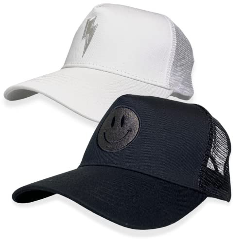 Trucker Hat - 2 Pack | Cotton Embroidered Cap | Smiley Face Hat | Preppy Trendy Vintage Retro Hats | Unisex Men Women Baseball Cap | Mesh Adjustable Snapback | Black + White | B&W Pack | Amazon (US)
