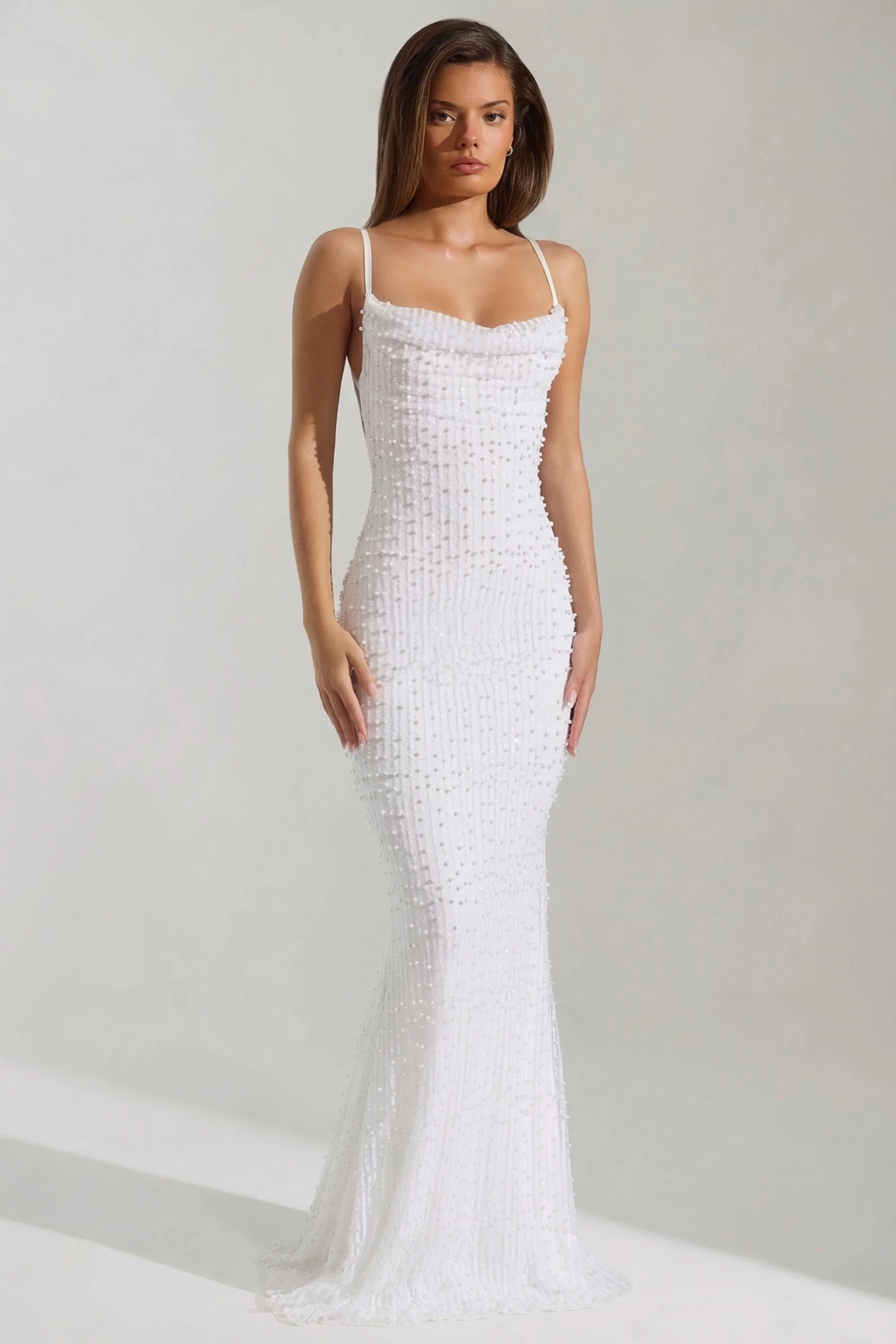 Embellished Cowl-Neck Backless Maxi Dress in White | Oh Polly
