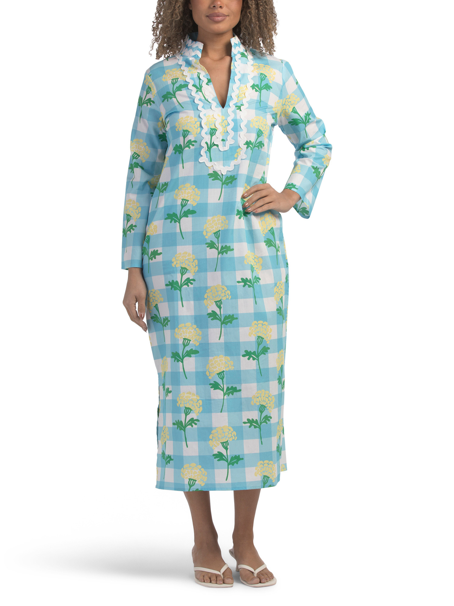 Long Sleeve Gingham Floral Print Classic Caftan Dress | TJ Maxx