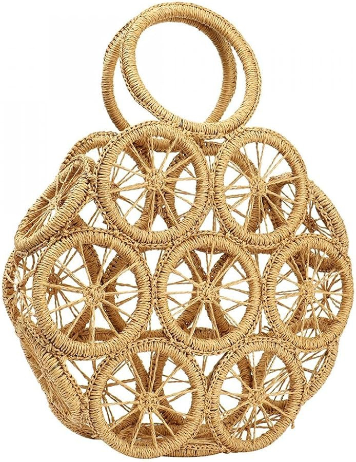 Straw Crossbody Bag for Summer Women Beach Shoulder Top Round Lemon Pattern Tote Handbag | Amazon (US)