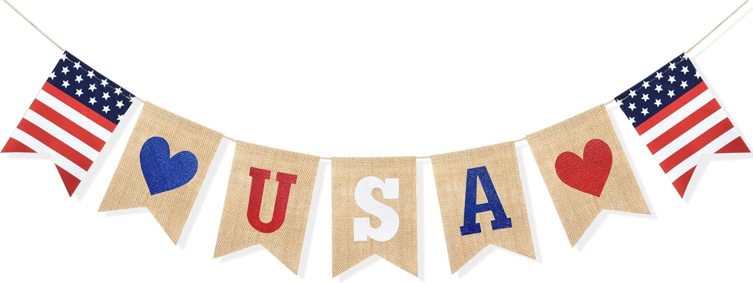 Uniwish USA Banner Burlap Bunting 4th of July Decorations American Independence Day Celebration R... | Amazon (US)