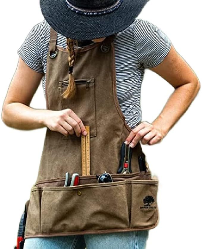 Ironwood Tool Co. 16oz Waxed Canvas Garden Tool Apron with shoulder pads, double stitched pocket,... | Amazon (US)