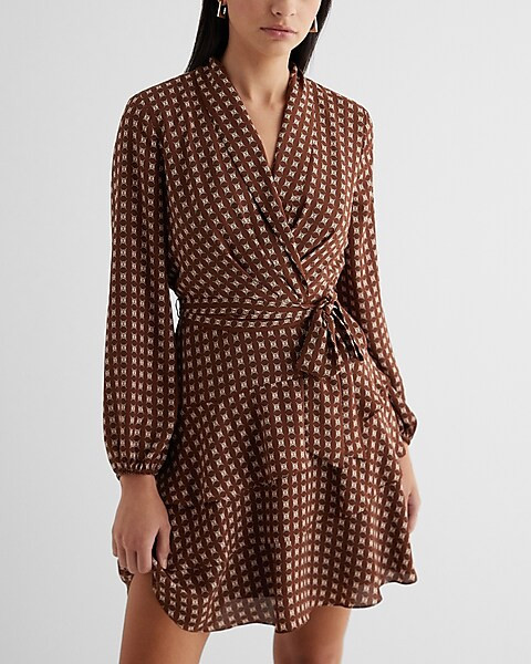 Printed Collared Long Sleeve Tie Waist Tiered Mini Dress | Express