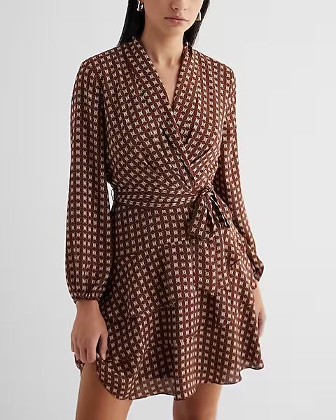 Printed Collared Long Sleeve Tie Waist Tiered Mini Dress | Express