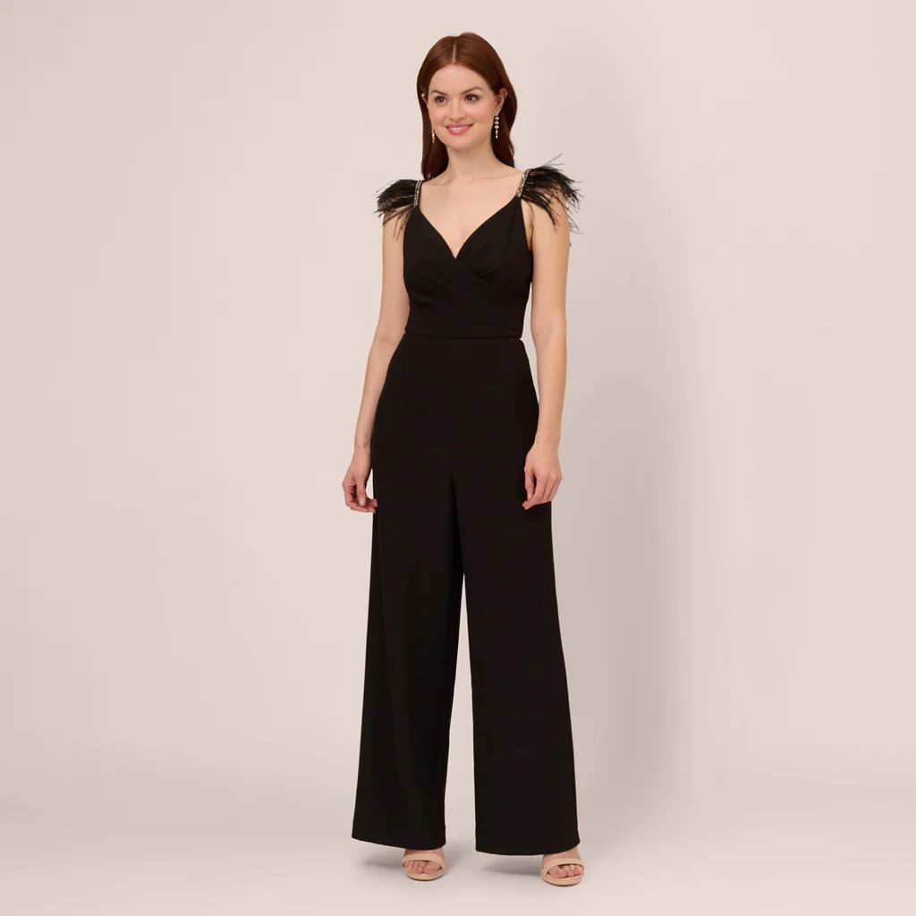 Crepe Wide Leg Jumpsuit With Bead And Feather Accents In Black | Adrianna Papell