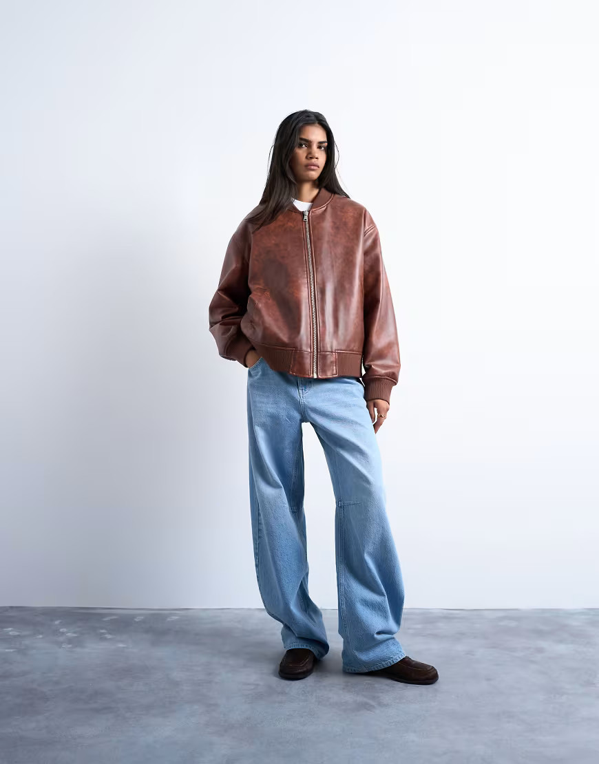 Topshop faux leather vintage wash oversized collarless bomber jacket in tan-Brown | ASOS (Global)