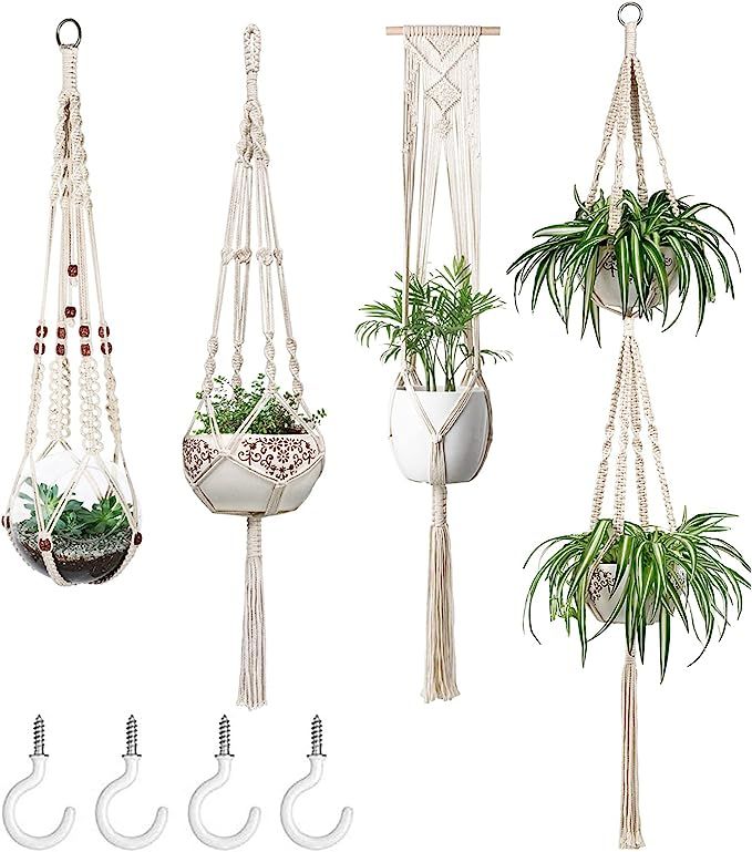 Mkono Macrame Plant Hangers Set of 4 Indoor Hanging Planter Basket Wall Decorative Flower Pot Hol... | Amazon (US)