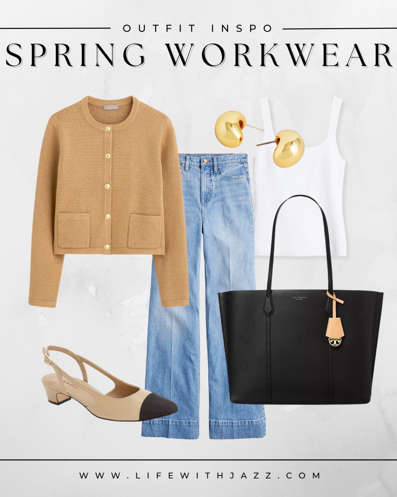 Spring workwear outfit inspo 💙

Smart casual / office outfit / chic / minimal / classy / sweater jacket / wide leg jeans / flare jeans / white cami / cap toe slingbacks / black leather tote / earrings / Jcrew / trousers 

#LTKstyletip #LTKworkwear #LTKSeasonal