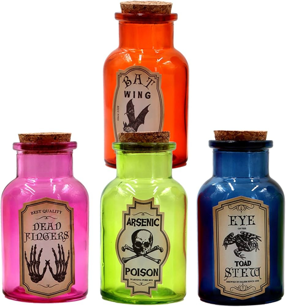 Halloween Glass Potion Bottle,4 Set of Apothecary Bottles with 8pcs Halloween labels Stickers,Col... | Amazon (US)