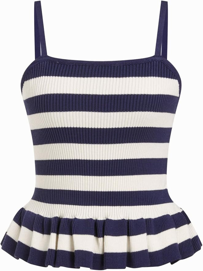 CIDER Striped Crop Tank Tops for Women Sleeveless Square Neck Ruffle Knit Peplum Tops Summer Vaca... | Amazon (US)