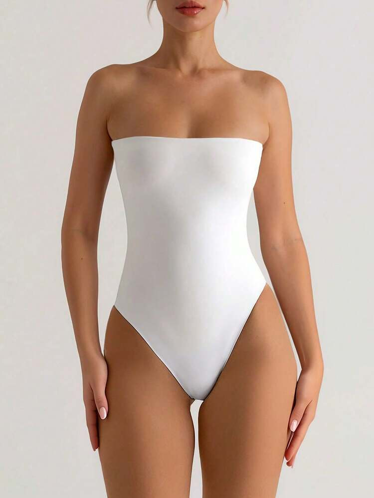 XLLAIS Women's Casual Sleeveless Bodysuit, White High Elasticity Double-Layer Fabric, Minimalist Design, Suitable For All Seasons Summer Elegant | SHEIN