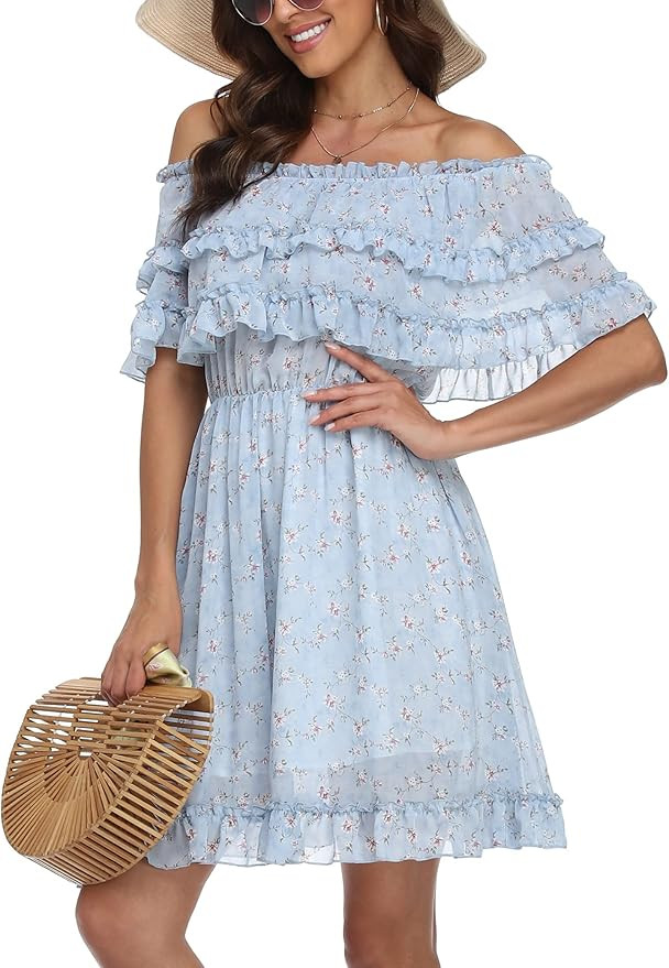 Leereya Women's Off Shoulder Ruffle Trim Short Dresses Casual Summer Floral Print Dress Bell Shor... | Amazon (US)