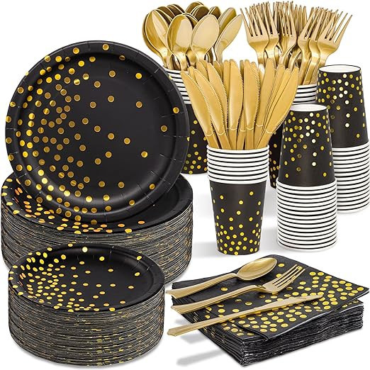 Tiblue 2024 New Year Eve Black and Gold Party Supplies - 350 PCS Disposable Dinnerware Gold Dot P... | Amazon (US)