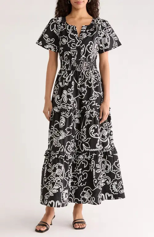 SUGARLIPS Haylie Floral Print A-Line Dress in Black-White-Multi at Nordstrom, Size Medium | Nordstrom