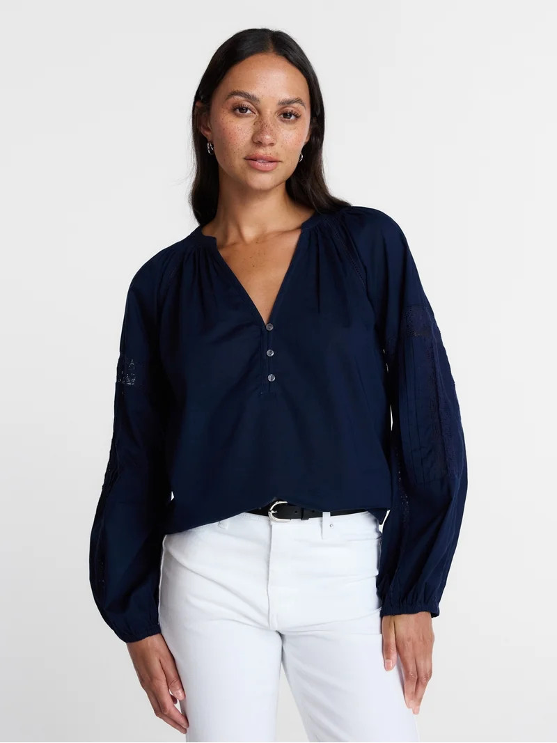 Time and Tru Women's Lace Insert Popover Full Sleeve Top, Sizes XS - XXXL - Walmart.com | Walmart (US)