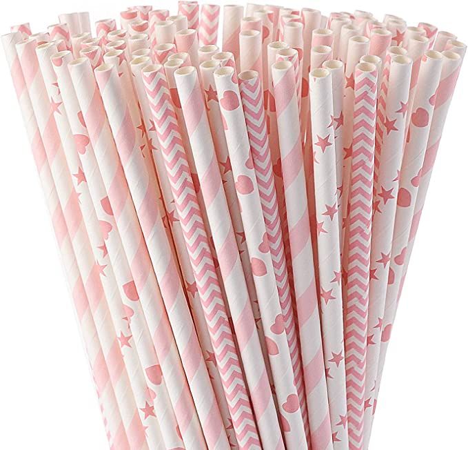 ALINK Biodegradable Pink Paper Straws, Pack of 100 Party Straws for Juice, Cocktail, Smoothies, B... | Amazon (US)