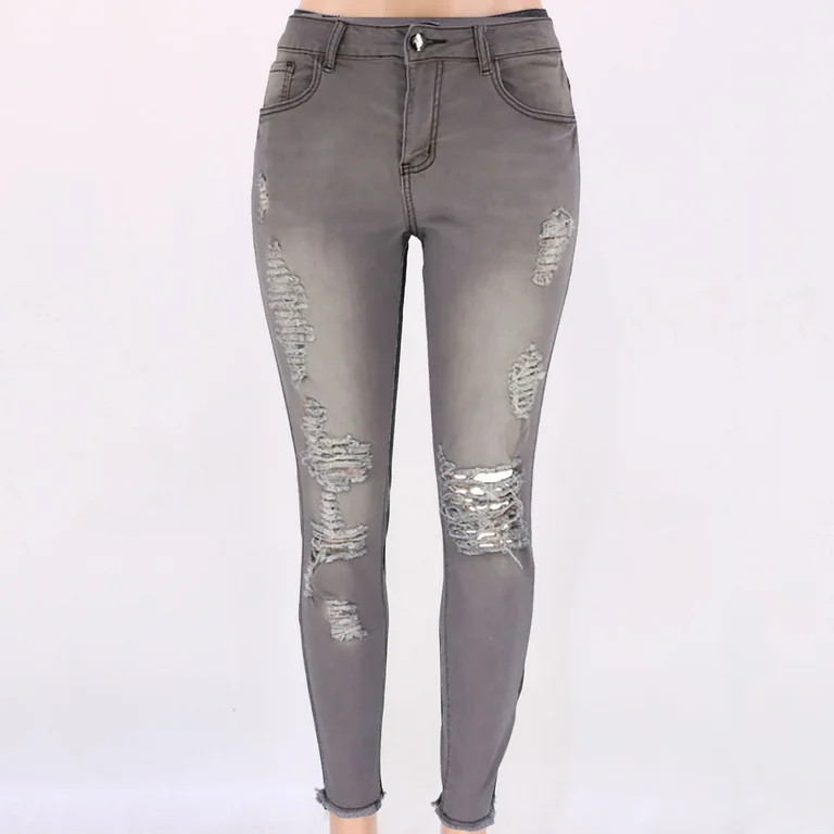 YYDGH Women Skinny Ripped Jeans Stretch Distressed Destroyed Denim Pants Gray S | Walmart (US)