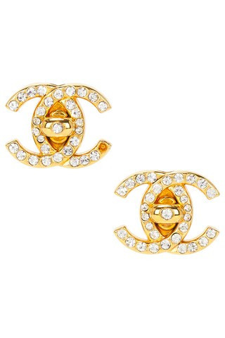 Chanel 1996 CC Rhinestone Turnlock Clip-On Earrings in Metallic Gold | FWRD 