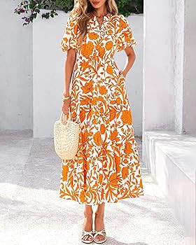 dowerme Womens Summer Dresses 2026 Casual Puff Short Sleeve V Neck Floral Boho Tiered Ruffle Maxi... | Amazon (US)