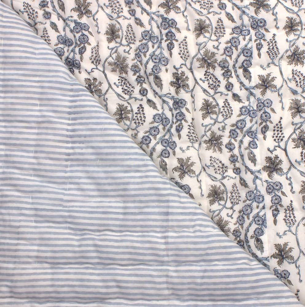 Ridhi Block Print Quilted Baby Blue Eyes Reversible Throw Blanket 100% Cotton Quilt,Cover for Cou... | Amazon (US)