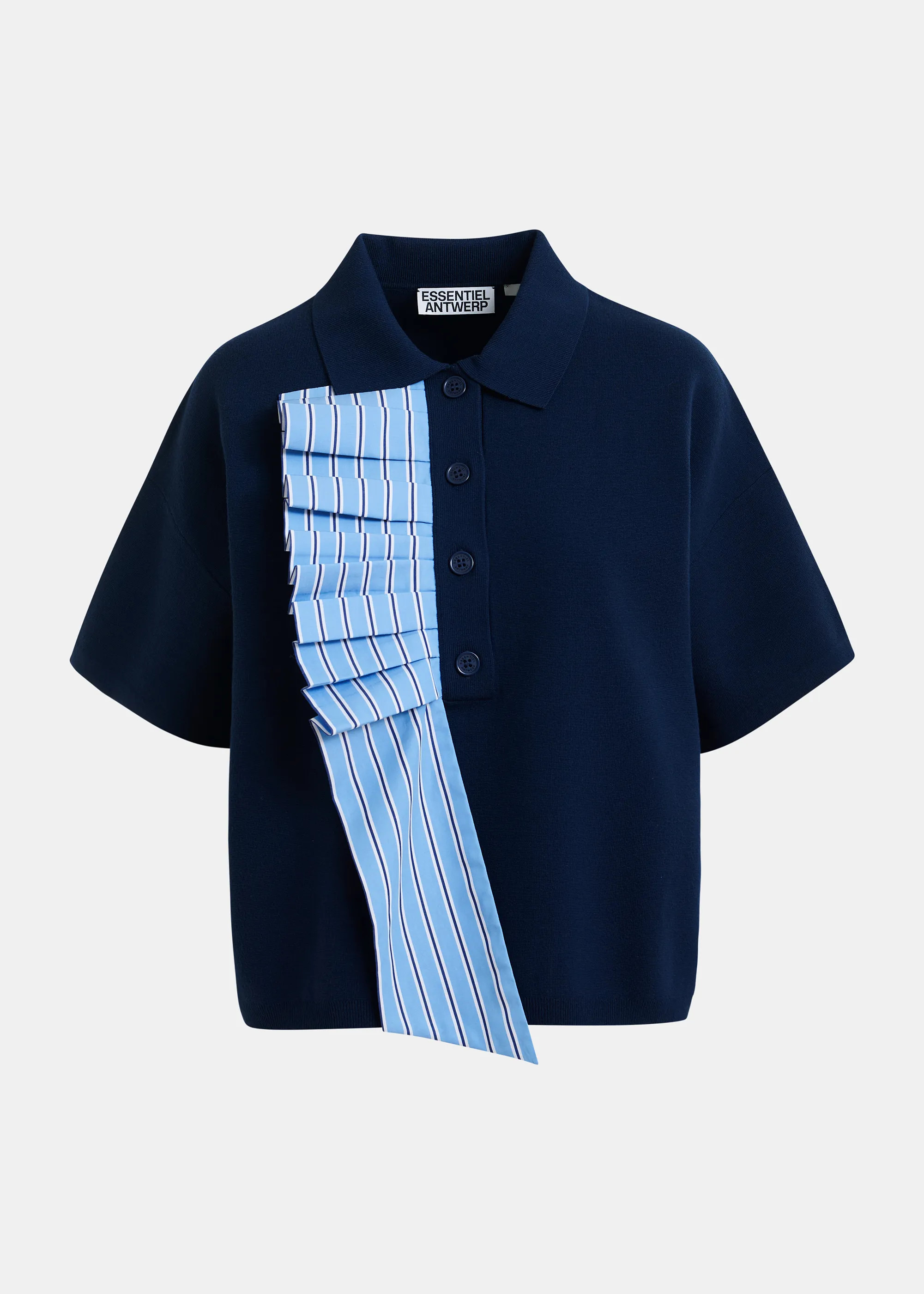 Navy and light blue ruffle fine-knit polo top | Essentiel Antwerp United Kingdom | Essentiel Antwerp