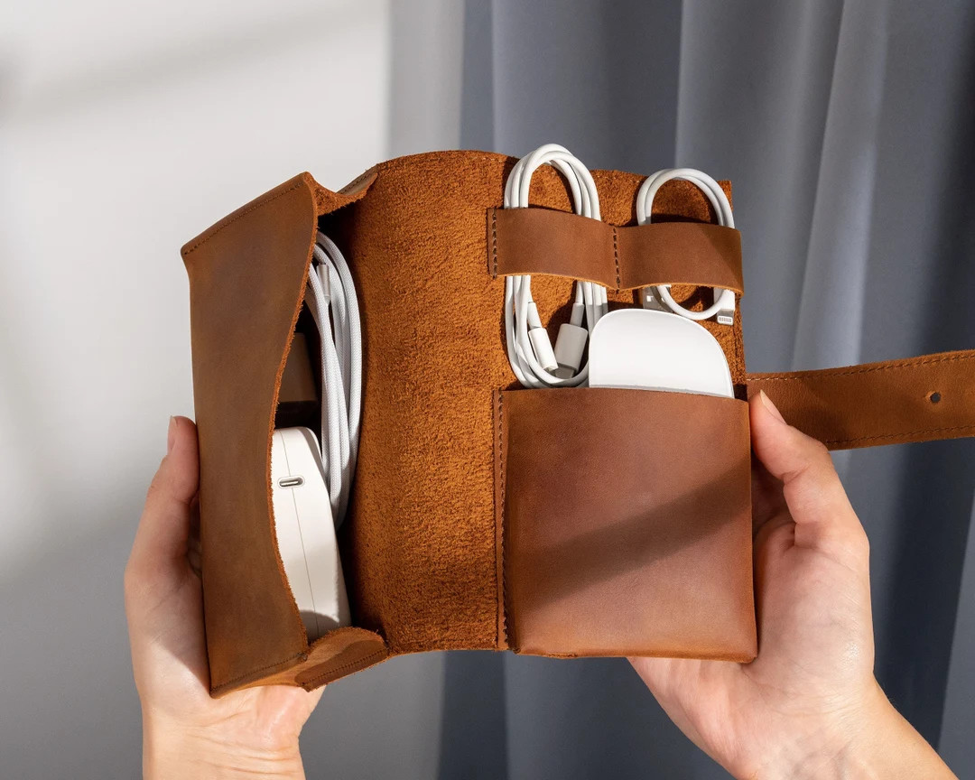 Personalized Christmas Gift Travel Cable Organizer Leather - Etsy | Etsy (US)