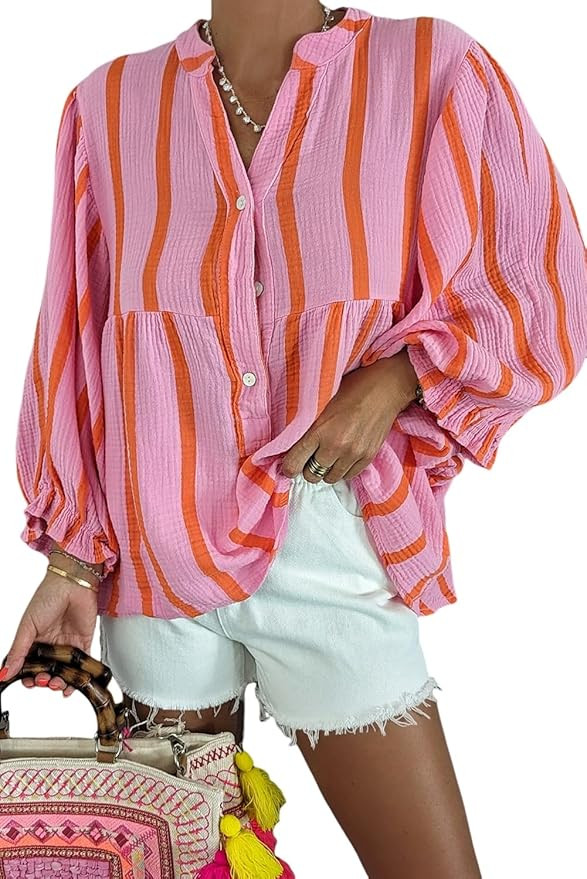 Maketina Womens Puff Sleeve Babydoll Tops Casual V Neck Striped Shirts Cotton Cute Loose Fit Flow... | Amazon (US)