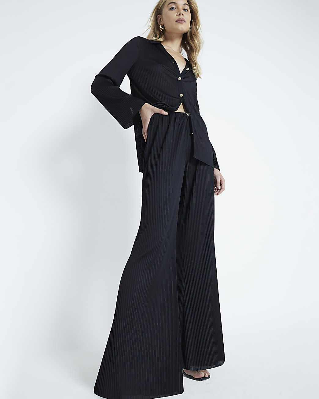 Black Plisse Trousers | River Island UK & IE