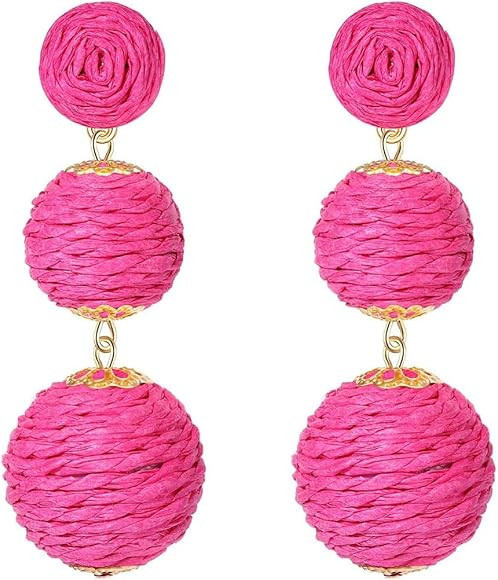 Boho Raffia Ball Long Earrings Multicolor Handmade Dangle Drop Earrings Bohemian Summer Beach Rat... | Amazon (US)