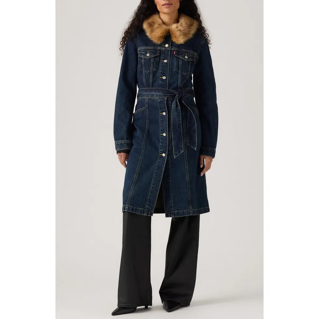 levi's Mob Wife Belted Denim Coat with Removable Faux Fur Collar in Bellissima at Nordstrom, Size Small | Nordstrom